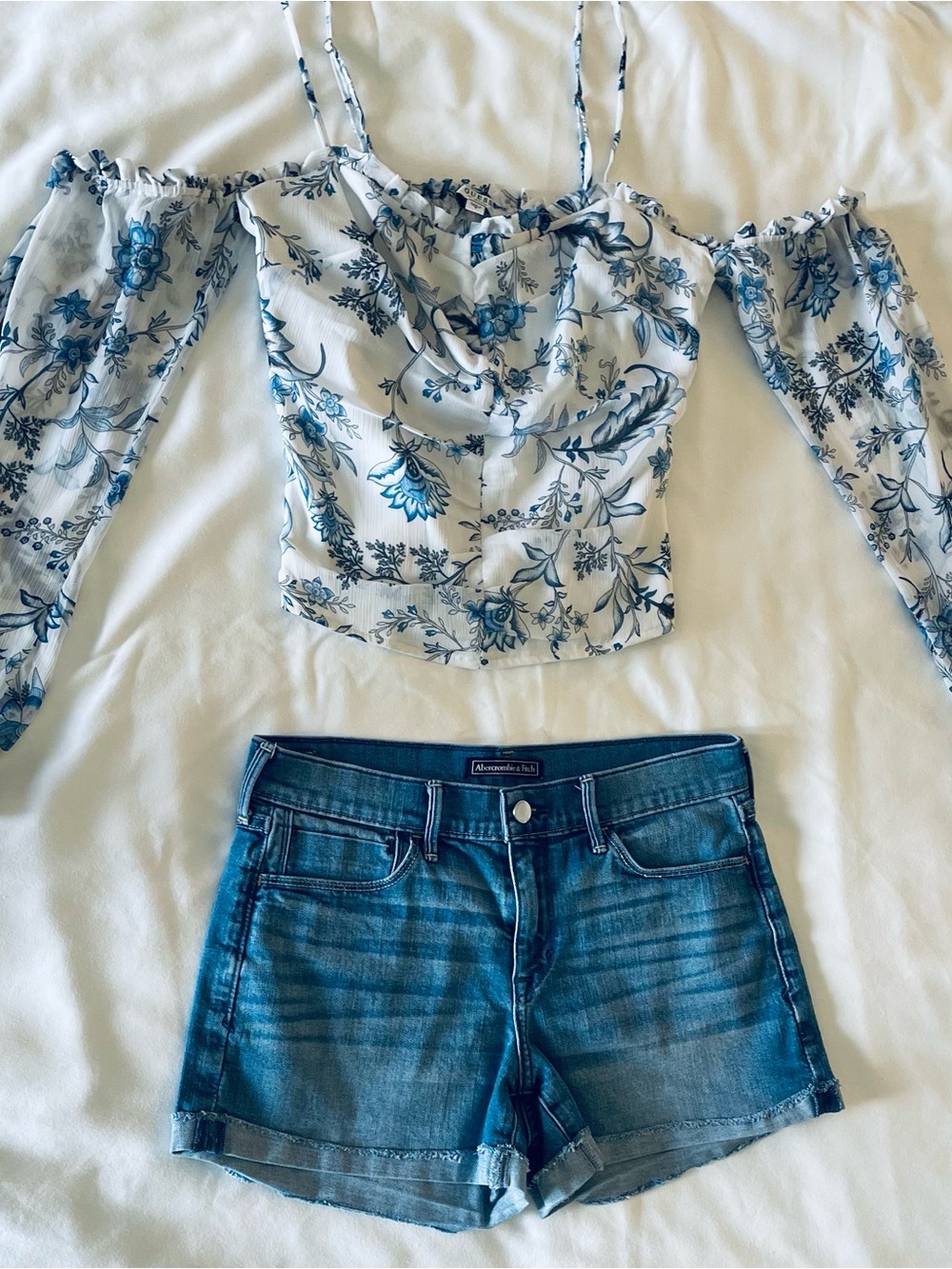 White Floral Off-Shoulder Women's Top with Blue Print